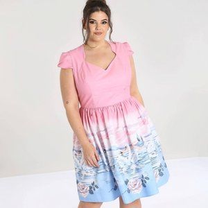 Hell Bunny Pink and Blue Swan Dress Plus Size 2X